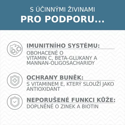 S účinnými živinami pro podporu imunity, ochrany buněk a funkce kůže. Obsahuje vitamin C, beta-glukany, mannan-oligosacharidy, vitamin E, zinek a biotin.