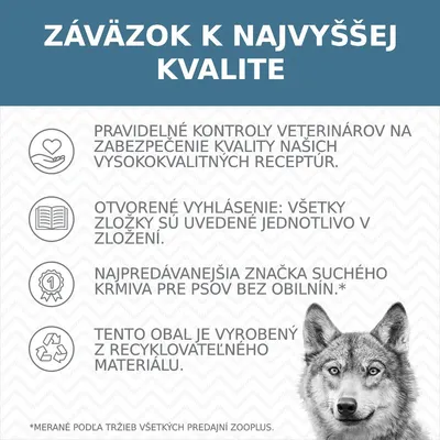 ZÁVÄZOK K NAJVYŠŠEJ KVALITE: pravidelné kontroly veterinárov, všetky zložky uvedené v zložení, najpredávanejšia značka suchého krmiva pre psov bez obilnín, obal z recyklovateľného materiálu.
