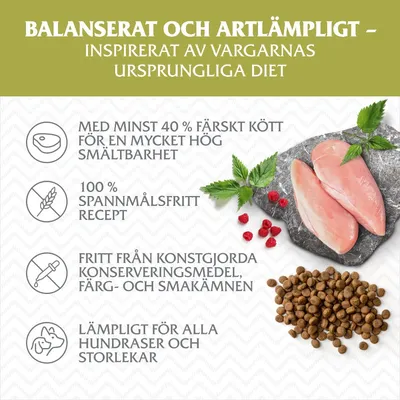 Balanserat och artlämpligt – inspirerat av vargarnas ursprungliga diet. Minst 40 % färskt kött, 100 % spannmålsfritt, fritt från konstgjorda tillsatser, lämpligt för alla hundraser och storlekar.