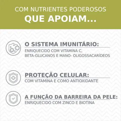 Com nutrientes poderosos que apoiam o sistema imunitário, proteção celular e a função da barreira da pele. Enriquecido com vitamina C, E, beta-glucanos, mano-oligossacarídeos, zinco e biotina.
