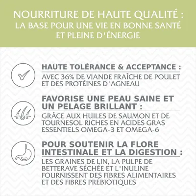 Nourriture de haute qualité : 36 % viande fraîche de poulet, protéines d’agneau, huiles de saumon et tournesol, graines de lin, pulpe de betterave, inuline, fibres alimentaires et prébiotiques.