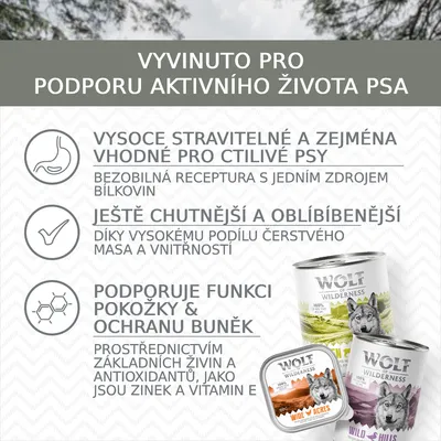 VYVINUTO PRO PODPORU AKTIVNÍHO ŽIVOTA PSA. Wolf of Wilderness: vysoce stravitelné, bezobilná receptura, čerstvé maso, podpora pokožky a buněk díky zinku a vitamínu E.