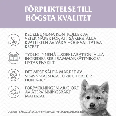 FÖRPLIKTELSE TILL HÖGSTA KVALITET. Regelbundna kontroller av veterinärer, tydlig innehållsdeklaration, mest sålda märket av spannmålsfria torrfoder för hundar, återvinningsbar förpackning.