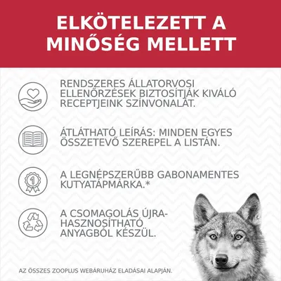 ELKÖTELEZETT A MINŐSÉG MELLETT. Rendszeres állatorvosi ellenőrzések, átlátható leírás, legnépszerűbb gabonamentes kutyatáp, újrahasznosítható csomagolás.