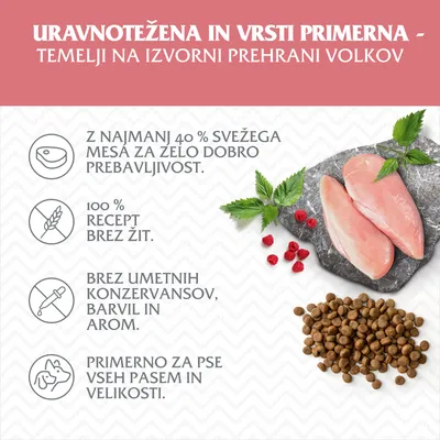 Uravnotežena in vrsti primerna – temelji na izvorni prehrani volkov. Z najmanj 40 % svežega mesa, brez žit, brez umetnih konzervansov, barvil in arom. Primerno za pse vseh pasem in velikosti.