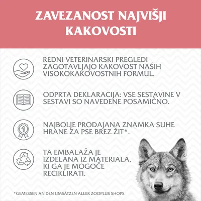 ZAVEZANOST NAJVIŠJI KAKOVOSTI. Redni veterinarski pregledi, odprta deklaracija sestavin, najbolje prodajana znamka suhe hrane za pse brez žit, embalaža iz recikliranega materiala.