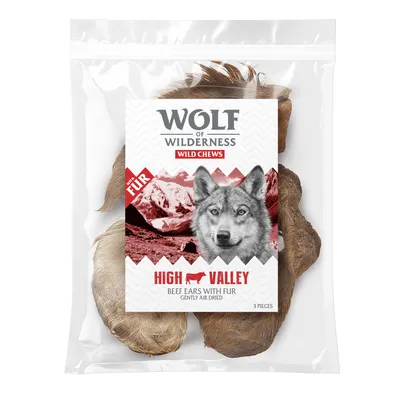 Wolf of Wilderness Wild Chews High Valley, beef ears with fur, gently air dried, 3 pièces. Sachet transparent montrant les oreilles de bœuf à l'intérieur.