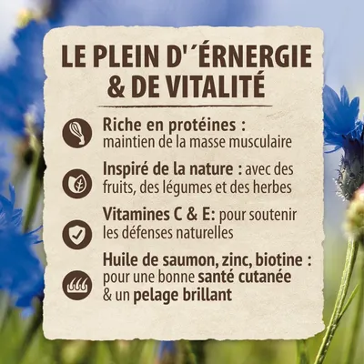 LE PLEIN D'ÉNERGIE & DE VITALITÉ. Riche en protéines, inspiré de la nature, vitamines C & E, huile de saumon, zinc, biotine pour santé cutanée et pelage brillant.