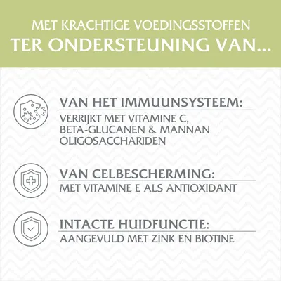 Met krachtige voedingsstoffen ter ondersteuning van het immuunsysteem, celbescherming en huidfunctie. Verrijkt met vitamine C, E, beta-glucanen, mannan-oligosacchariden, zink en biotine.