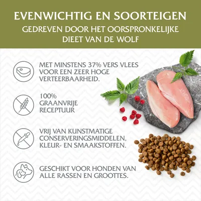 Evenwichtig en soortspecifiek hondenvoer: minstens 37% vers vlees, 100% graanvrij, vrij van kunstmatige toevoegingen, geschikt voor alle hondenrassen en groottes. Tekst in beeld.