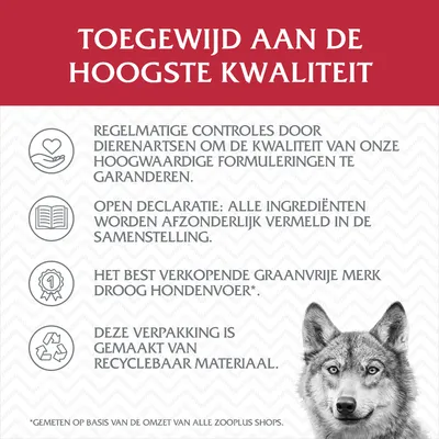 Toegewijd aan de hoogste kwaliteit. Regelmatige controles door dierenartsen, open declaratie ingrediënten, best verkopend graanvrij droog hondenvoer, verpakking van recyclebaar materiaal.