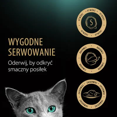 Wygodne serwowanie. Oderwij, by odkryć smaczny posiłek. Instrukcje: otwórz, oderwij, zaserwuj. Ilustracje kroków i fragment głowy kota.