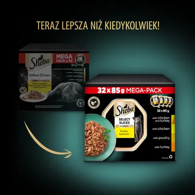 Porównanie dwóch opakowań Sheba Select Slices Mega Pack 32×85 g. Nowe opakowanie: z kurczakiem, indykiem, drobiem. Widoczny napis: Teraz lepsza niż kiedykolwiek!