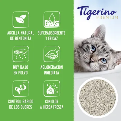 Tigerino Premium. Arcilla natural de bentonita, superabsorbente y eficaz, muy bajo en polvo, aglomeración inmediata, control rápido de los olores, con olor a hierba fresca.