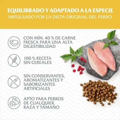Equilibrado y adaptado a la especie. Con mín. 40 % de carne fresca, 100 % receta sin cereales, sin conservantes ni saborizantes artificiales, apto para perros de cualquier raza y tamaño.