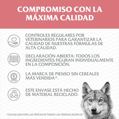 Compromiso con la máxima calidad: controles veterinarios, declaración abierta de ingredientes, marca de pienso sin cereales más vendida, envase de material reciclado. Calculado por ventas Zooplus.