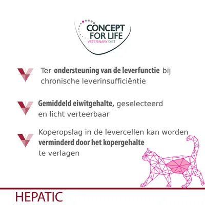 Concept for Life Veterinary Diet. Ondersteuning leverfunctie bij chronische leverinsufficiëntie, gemiddeld eiwitgehalte, koperopslag verminderd door lager kopergehalte. HEPATIC.