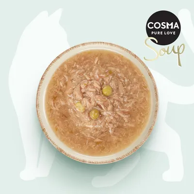 Cosma Pure Love Soup. En skål med soppa bestående av köttbitar och gröna ärtor.