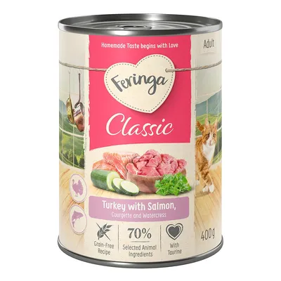 Feringa Classic Adult, Turkey with Salmon, Courgette and Watercress, ricetta senza cereali, 70% ingredienti animali selezionati, con taurina, lattina da 400g. Testo in inglese.