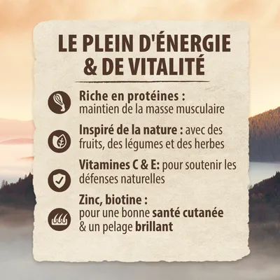 LE PLEIN D'ÉNERGIE & DE VITALITÉ. Riche en protéines, inspiré de la nature, vitamines C & E, zinc, biotine pour santé cutanée et pelage brillant. Texte en français.
