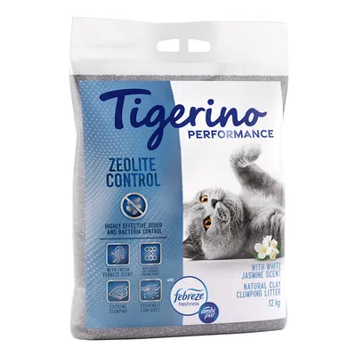 Tigerino Performance cat litter with Zeolite Control, Febreze scent, white jasmine, natural clumping litter, extremely low dust, effective odour and bacteria control, 12 kg.