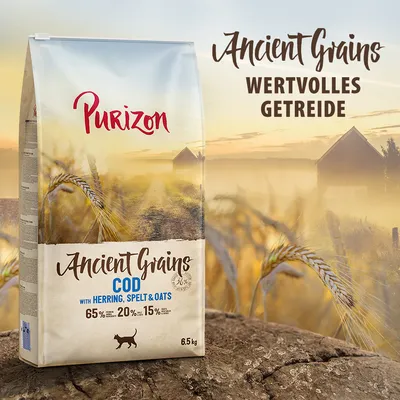 Purizon Ancient Grains száraz eledel tőkehallal, heringgel, tönkölybúzával és zabbal. 65% hal, 20% zöldség, 15% gabona. Értékes gabona. Kiszerelés: 6,5 kg.
