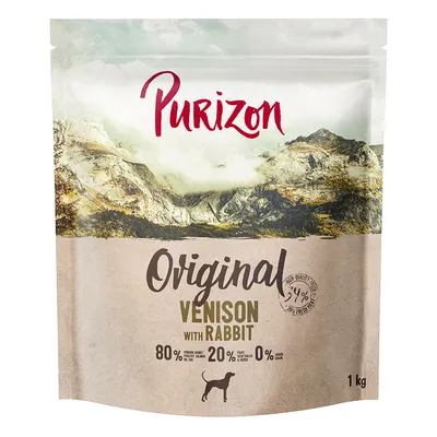 Purizon Original Dziczyzna z królikiem, 80% mięsa, 20% owoców i ziół, 0% zboż, 1 kg worek, ilustracja psa na opakowaniu.