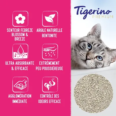 Tigerino Premium. Senteur Febreze Blossom & Breeze, argile naturelle bentonite, ultra absorbante & efficace, extrêmement peu poussiéreuse, agglomération immédiate, contrôle des odeurs efficace.