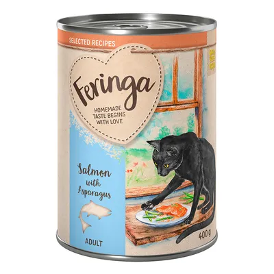 Feringa wet food for cats, salmon with asparagus variety, 400g can, for adult cats. Inscription: Homemade taste begins with love.
