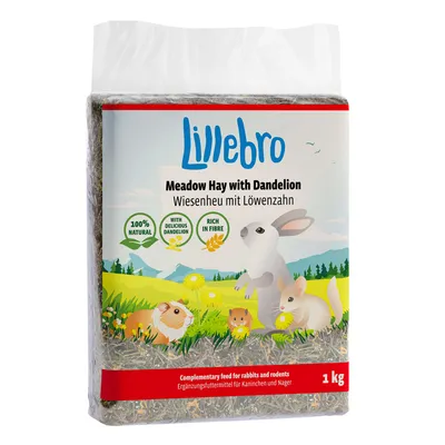 Lillebro Wiesenheu mit Löwenzahn, 100% natürlich, reich an Ballaststoffen, Ergänzungsfuttermittel für Kaninchen und Nager, 1 kg Packung.