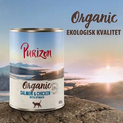 Purizon Organic Salmon & Chicken with Spinach, 13 % kött, 400 g. Text: Organic, Ekologisk kvalitet. Bild på konservburk mot naturbakgrund.