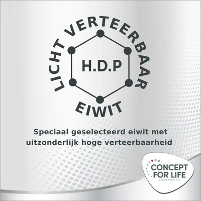 Licht verteerbaar eiwit H.D.P. Speciaal geselecteerd eiwit met uitzonderlijk hoge verteerbaarheid. Concept for Life Caring Every Day.