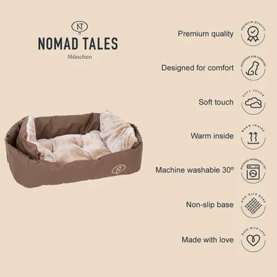 Nomad Tales München hondenmand met beige pluche binnenkant. Zichtbare tekst: Premium quality, Designed for comfort, Soft touch, Warm inside, Machine washable 30°, Non-slip base, Made with love.