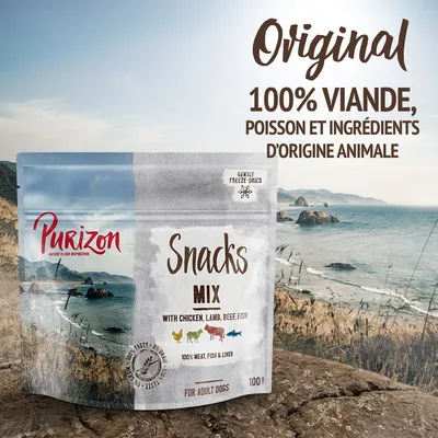 Purizon Snacks Mix pour chiens adultes, 100 g. Texte visible : Original, 100% viande, poisson et ingrédients d'origine animale, with chicken, lamb, beef, fish, gently freeze-dried.