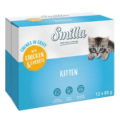 Smilla Kitten Chunks в сос с пилешко и моркови, 12 x 85 г. Съдържа омега мастни киселини, биотин и балансирани хранителни вещества.
