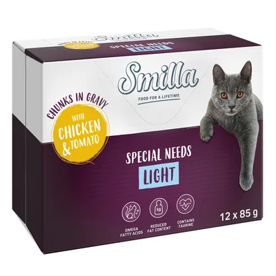 Smilla Special Needs Light, парченца в сос с пилешко и домат, 12 x 85 г. Съдържа омега мастни киселини, намалено съдържание на мазнини и таурин.