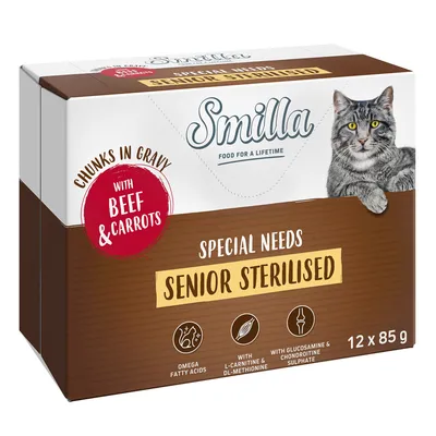 Smilla Senior Sterilised храна за котки, хапки в сос с говеждо и моркови, омега мастни киселини, L-карнитин, глюкозамин и хондроитин сулфат. Опаковка: 12 x 85 г.