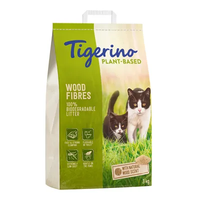 Tigerino Plant-Based kattegrus, træfibre, 100% biologisk nedbrydelig, med naturlig træduft, 3 kg. Egenskaber: hurtig klumpning, skylbar, støvfattig, skånsom mod poter.