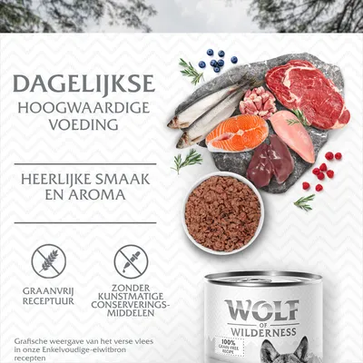 Dagelijkse hoogwaardige voeding, heerlijke smaak en aroma, graanvrij receptuur, zonder kunstmatige conserveringsmiddelen, Wolf of Wilderness 100% grain-free recipe.