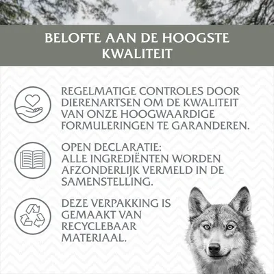 Belofte aan de hoogste kwaliteit: regelmatige controles door dierenartsen, open declaratie van ingrediënten, verpakking gemaakt van recyclebaar materiaal.