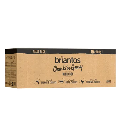 Briantos Chunks in Gravy Mixed Box, Value Pack, 44 x 100g. Sorten: 12x Lachs & Karotten, 12x Rind & Karotten, 20x Huhn & Karotten. Für erwachsene Tiere.