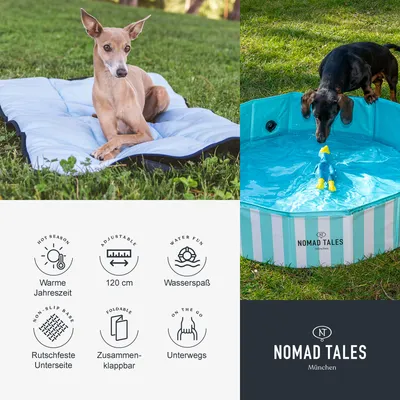 Chien sur tapis bleu, chien buvant dans une piscine pliable rayée Nomad Tales. Icônes avec textes en allemand : 120 cm, antidérapant, pliable, pour l’extérieur. Marque : Nomad Tales München.