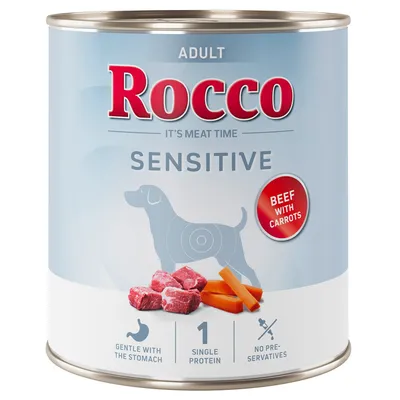 Rocco Sensitive Adult, говеждо с моркови. Нежно към стомаха, единичен протеин, без консерванти. Консерва със силует на куче, изображение на месо и моркови. Rocco Sensitive Adult, говеждо с моркови. Нежно към стомаха, единичен протеин, без консерванти. Консерва със силует на куче, изображение на месо и моркови.