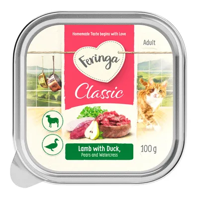 Feringa Classic Adult. Lamb with Duck, Pears and Watercress. 100 g. Homemade Taste begins with Love. Symbole für Lamm und Ente sichtbar. Feringa Classic Adult. Lamb with Duck, Pears and Watercress. 100 g. Homemade Taste begins with Love. Symbole für Lamm und Ente sichtbar.