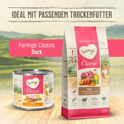 Feringa Classic Duck Nass- und Trockenfutter für Katzen, mit Süßkartoffeln, Brokkoli und Sanddorn, getreidefreie Rezeptur, 56% ausgewählte tierische Zutaten, mit Taurin. Feringa Classic Duck Nass- und Trockenfutter für Katzen, mit Süßkartoffeln, Brokkoli und Sanddorn, getreidefreie Rezeptur, 56% ausgewählte tierische Zutaten, mit Taurin.