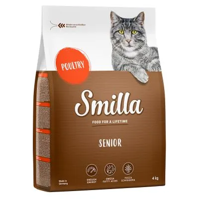 Sac de 4 kg Smilla Senior pour chat, saveur poultry, mentions visibles : Food for a lifetime, enough energy, omega fatty acids, yucca schidigera. Chat gris illustré sur l’emballage.