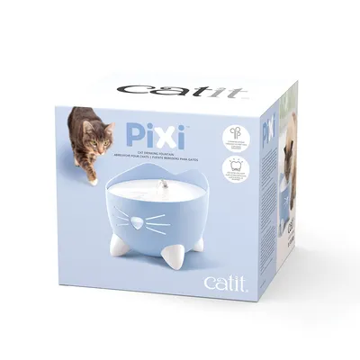 Catit Pixi fonte para gatos, azul. Embalagem mostra o design do produto com rosto de gato e gato ao lado. Inclui descrição em vários idiomas.