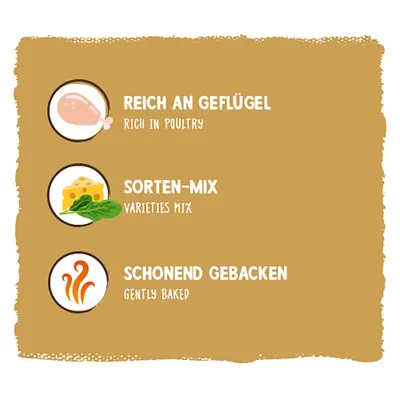 Reich an Geflügel, Sorten-Mix, schonend gebacken. Englische Übersetzungen: rich in poultry, varieties mix, gently baked.