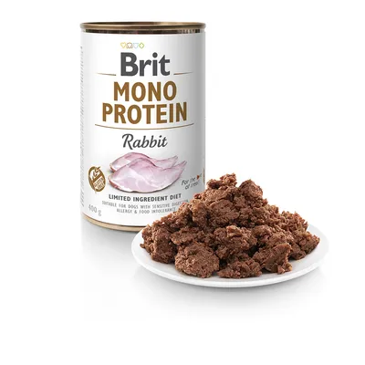 Brit Mono Protein Rabbit, Limited Ingredient Diet, suitable for dogs with sensitive digestion, allergies and food intolerances. 400g can and served wet food.