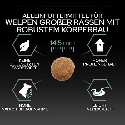 Alleinfuttermittel für Welpen grosser Rassen mit robustem Körperbau. Keine zugesetzten Farbstoffe, hoher Proteingehalt, hohe Nährstoffaufnahme, leicht verdaulich, Grösse 14,5 mm.